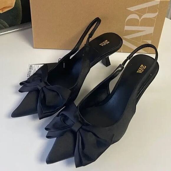 ZARA Black Bow Slingback Heels NWT – Embellished Pointed Toe Pumps, Size 7.5 - Picture 13 of 16
